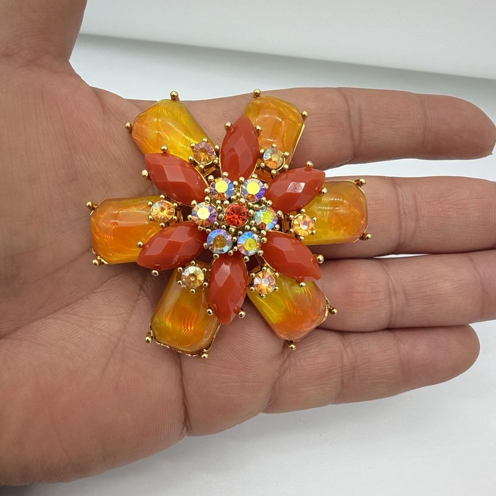 Vtg Orange AB Rhinestone Pin Brooch Layered Heavy Gold Nice Estate